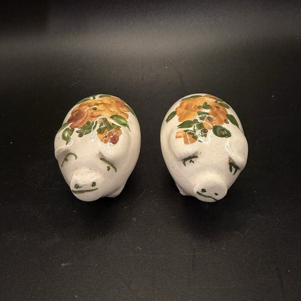 Vintage Ceramic Pig Salt And Pepper Shakers With Floral Design
